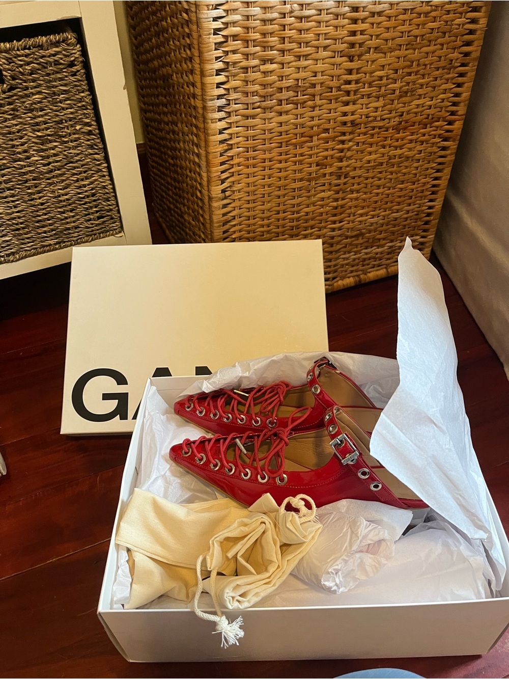 Ganni Red Lace-Up Pointed-Toe Mules with Buckle Strap
